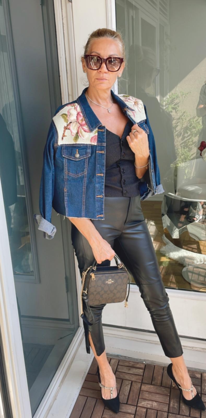 Upcycled Jean Jacket with Vintage Needlepoint Size S/XS