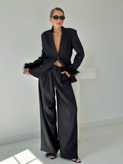 Feathered Sleeves Suit-Black