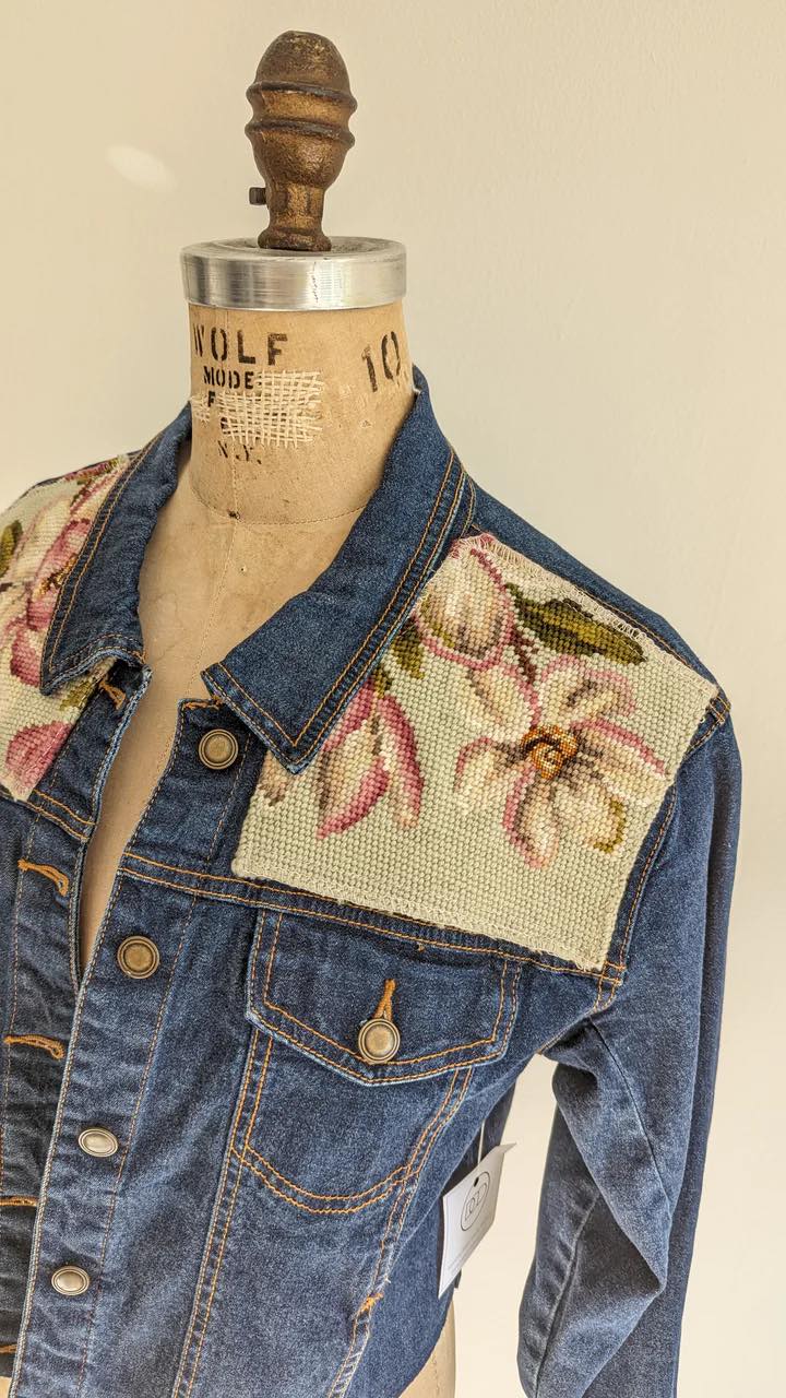 Upcycled Jean Jacket with Vintage Needlepoint Size S/XS