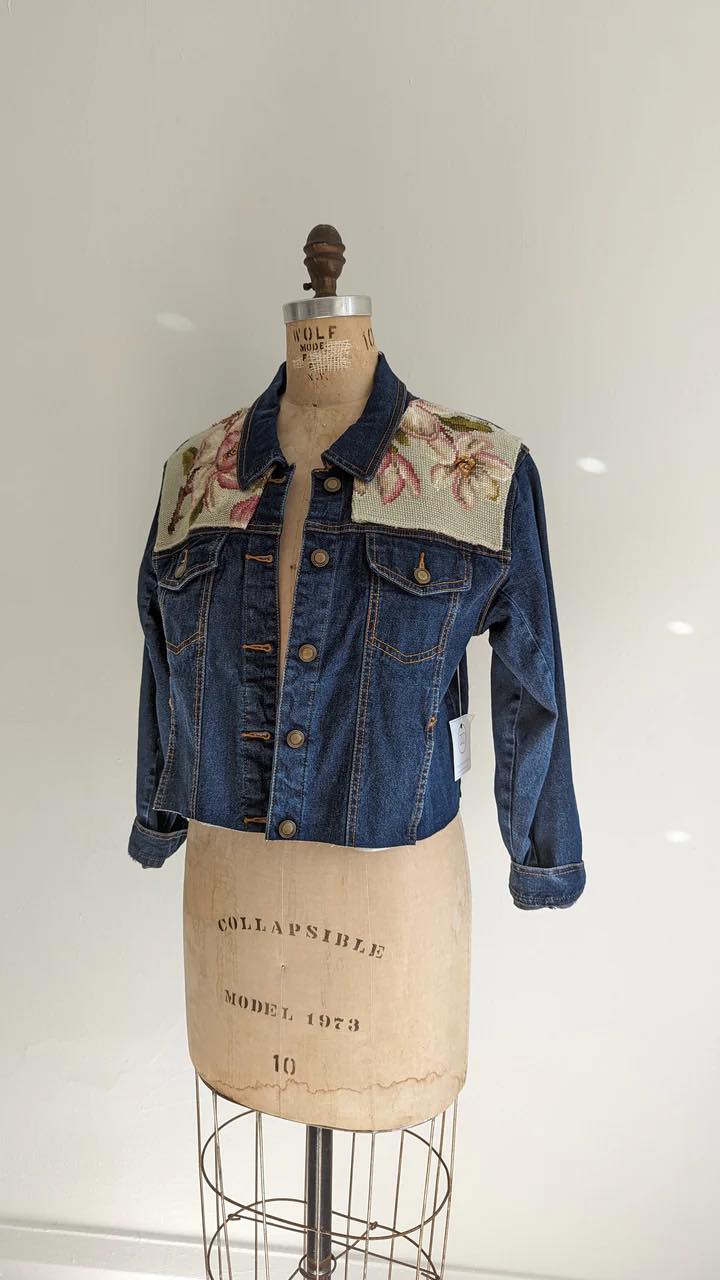 Upcycled Jean Jacket with Vintage Needlepoint Size S/XS