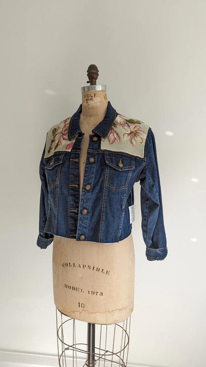 Upcycled Jean Jacket with Vintage Needlepoint Size S/XS