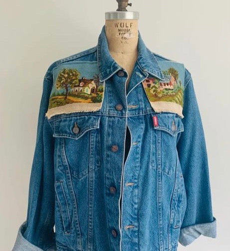 Upcycled Jean Jacket with Vintage Needlepoint Size M