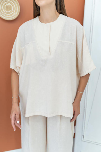 V-Neck Suit - Beige Linen