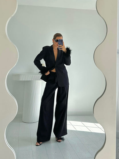 Feathered Sleeves Suit-Black