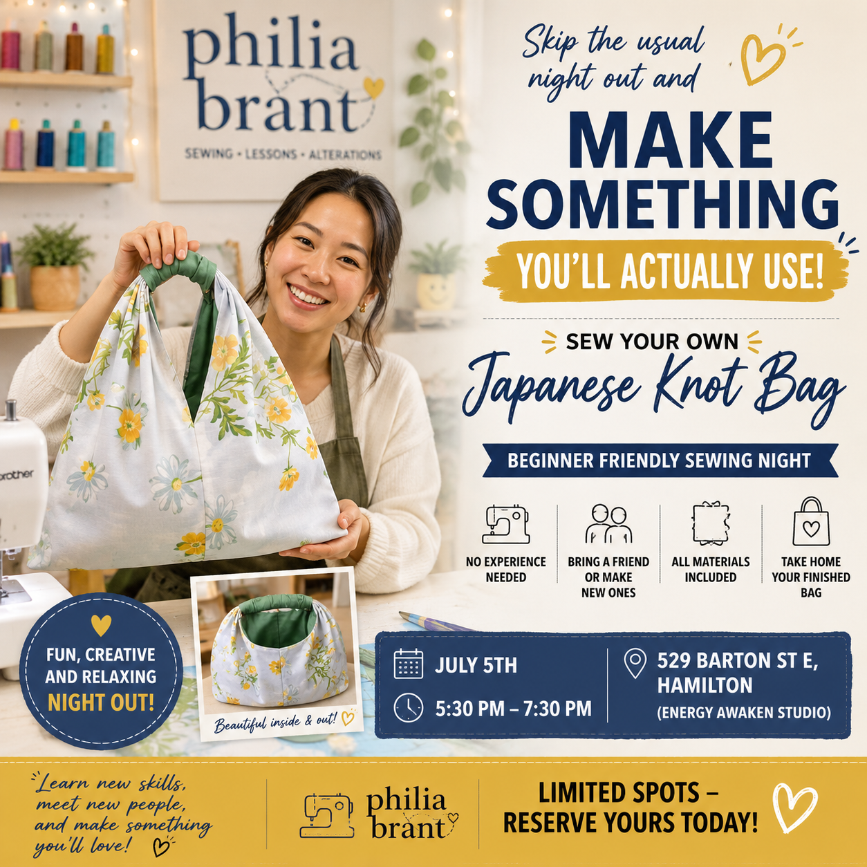 Experience Sewing Night Out in Hamilton 💛 Make Your Own Japanese Knot  Inspired Bag